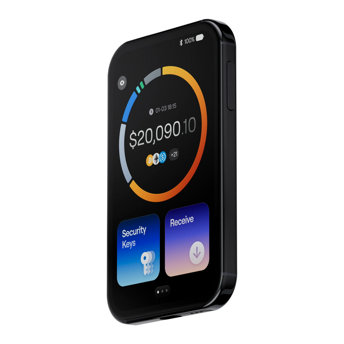OneKey Pro 2 hardware wallet in black, angled front view showing the touchscreen and side button