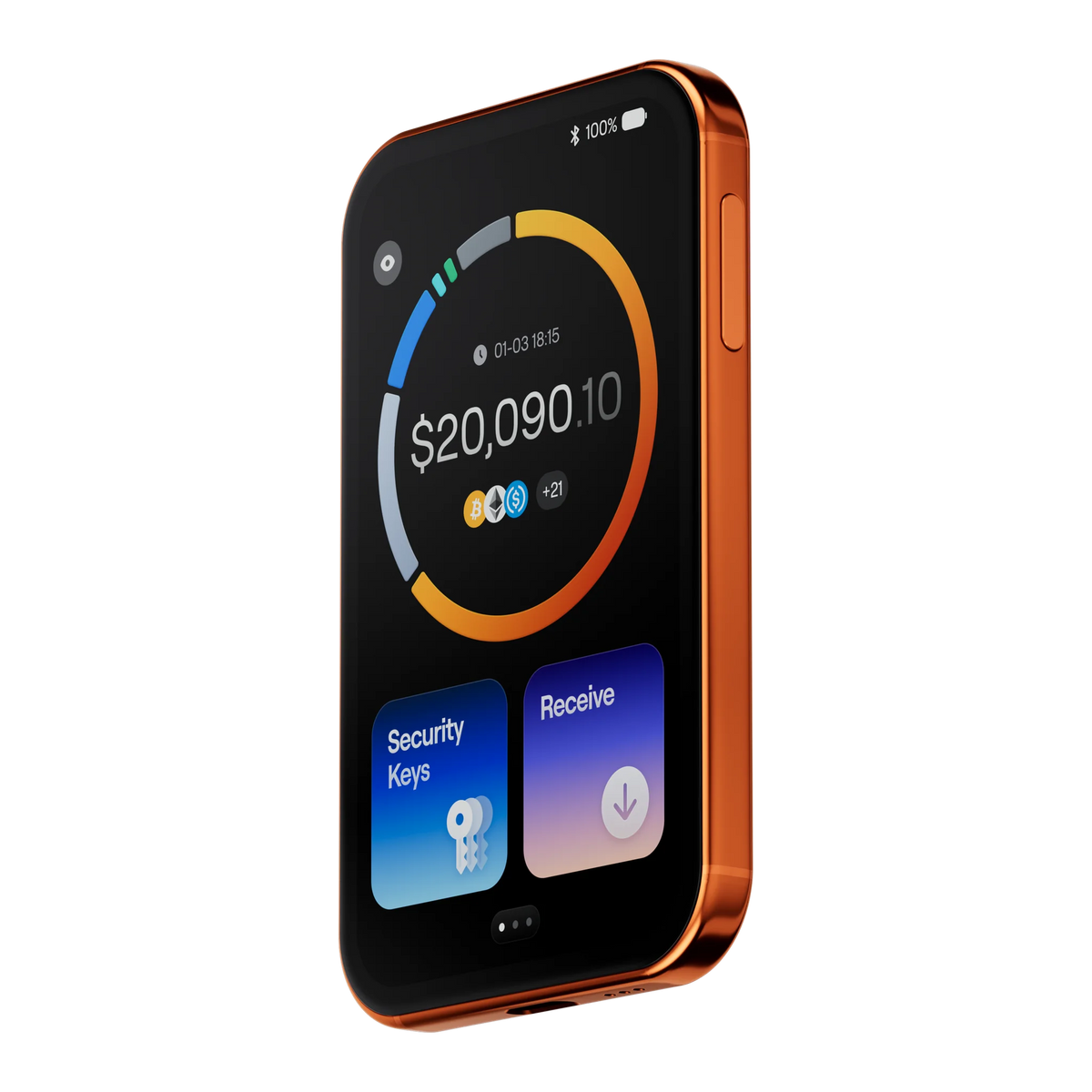 OneKey Pro 2 hardware wallet in orange, angled front view showing the touchscreen and side button