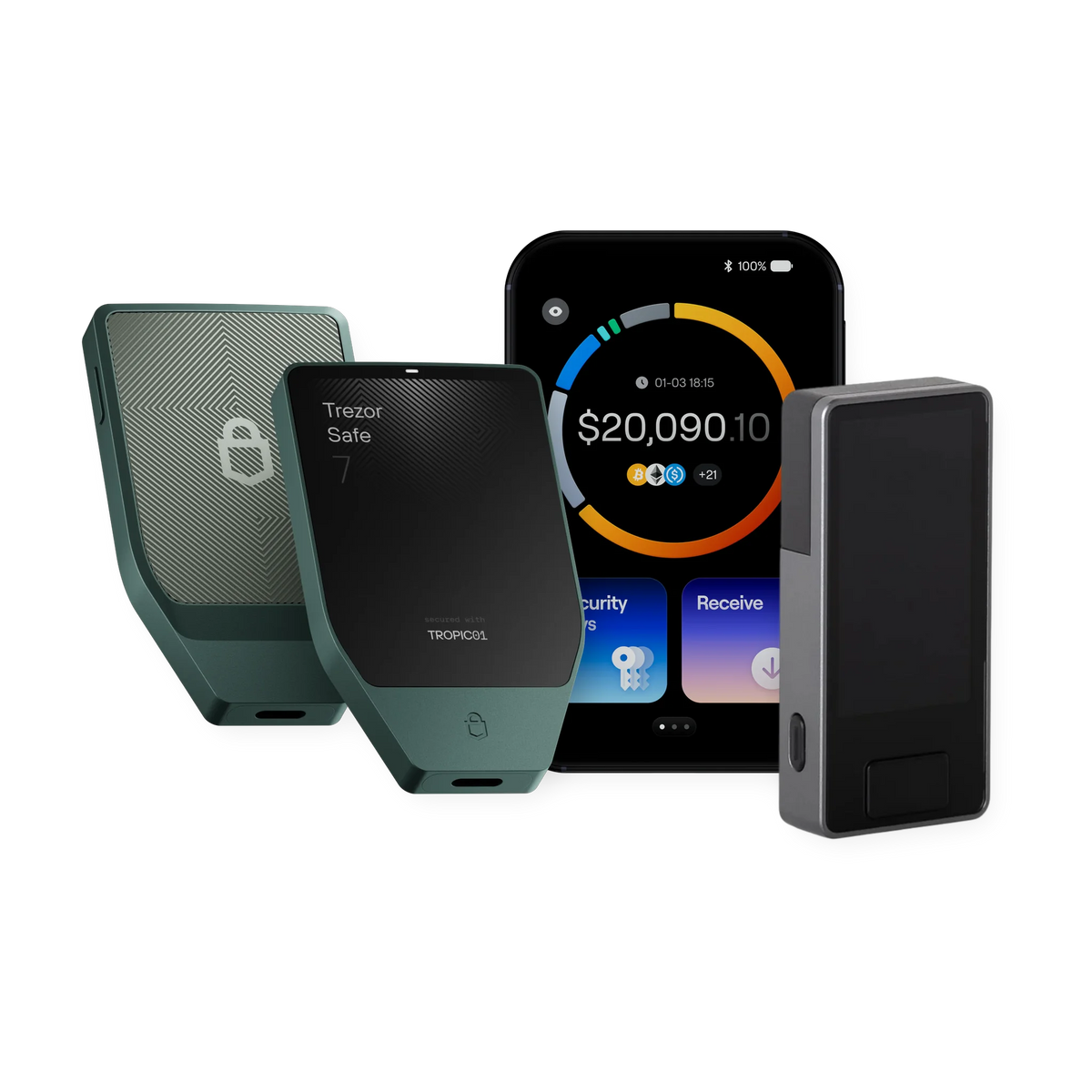 ชุด Ultimate Multisig 3 แบรนด์ (ใช้กับคอม) — Trezor Safe 7 + Jade Plus + OneKey Pro 2 - Bitcast