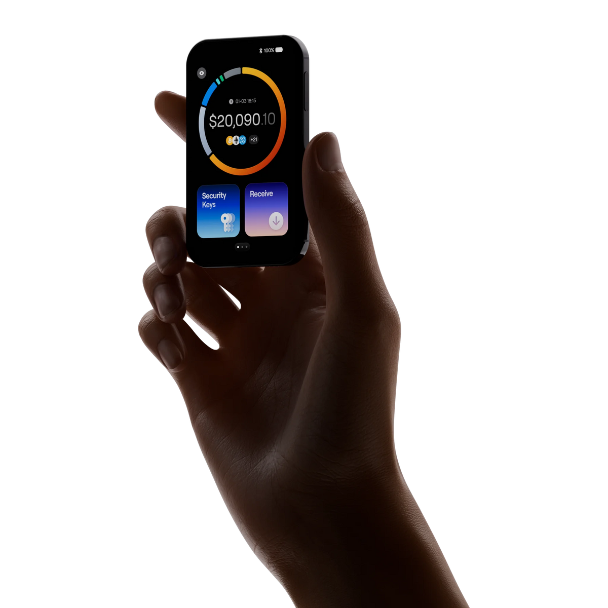 OneKey Pro 2 hardware wallet in black held in hand, showing the touchscreen home screen
