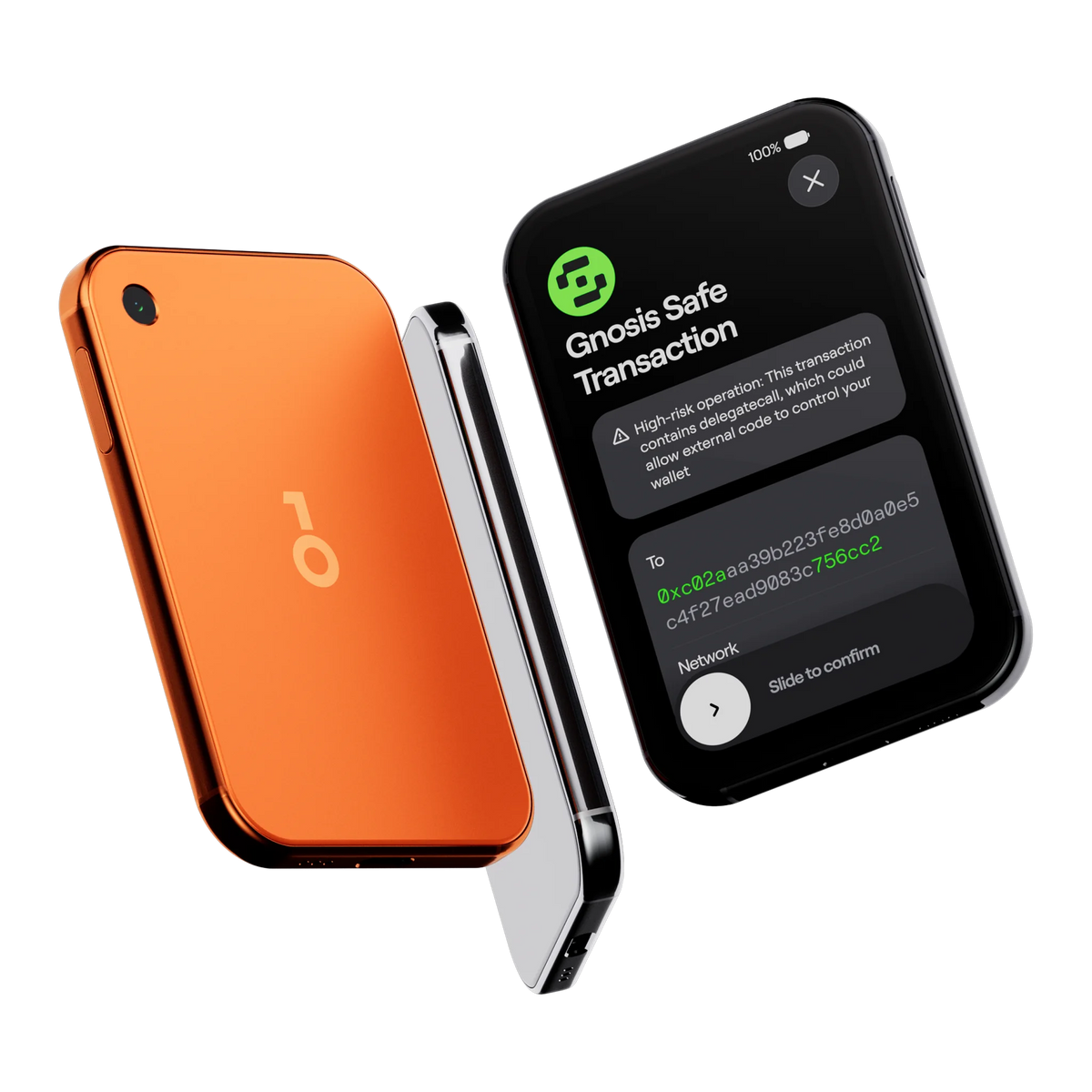 OneKey Pro 2 hardware wallets in orange and silver, one showing a Gnosis Safe multisig transaction