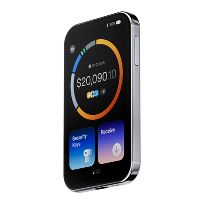 OneKey Pro 2 hardware wallet in silver, angled front view showing the touchscreen and side button