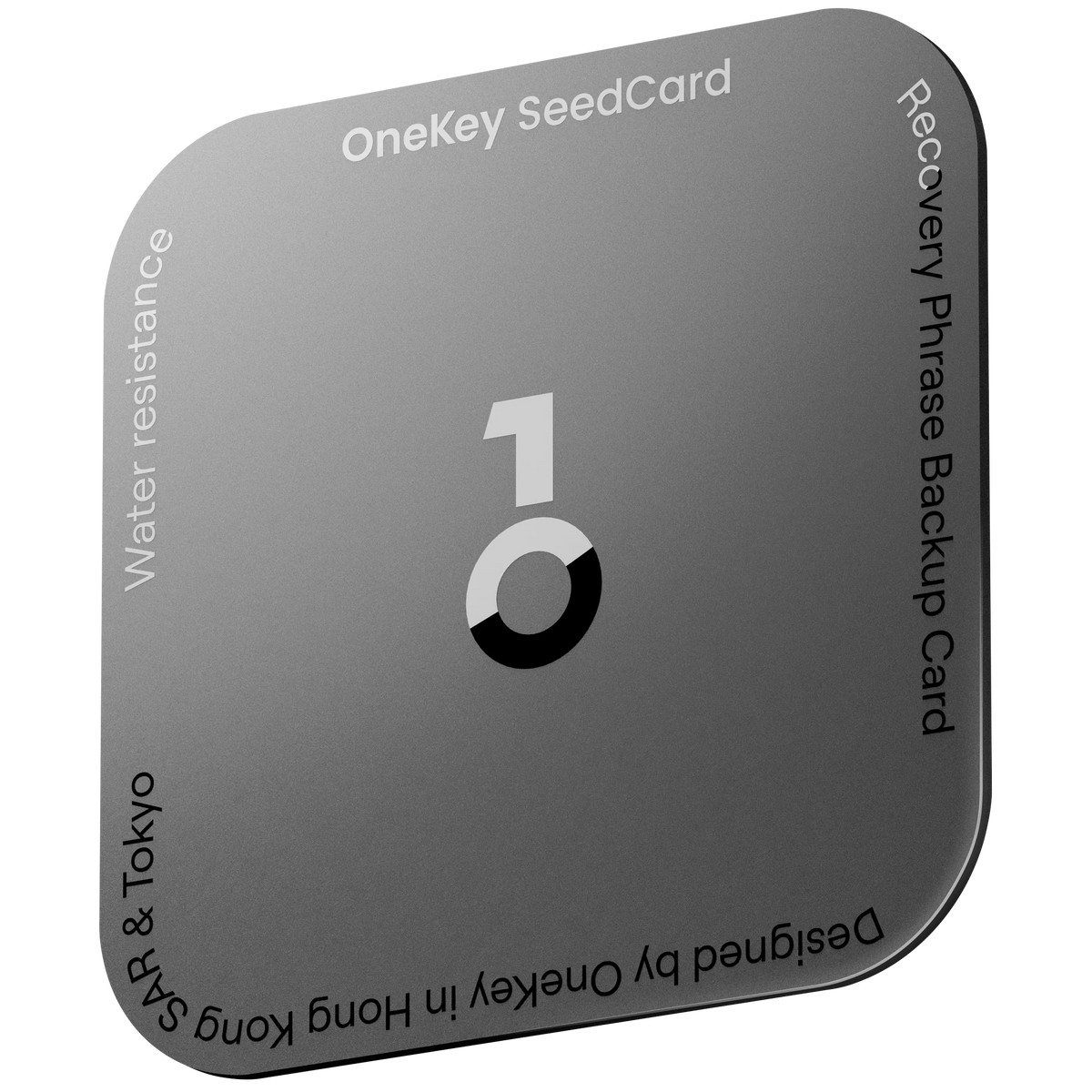 OneKey SeedCard recovery phrase backup card, angled view
